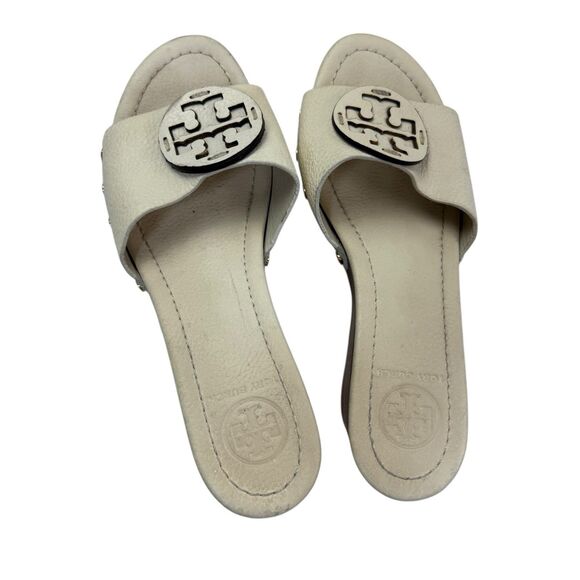 Tory Burch Patty Leather Platform Heeled Wedge Sandals Women Size 8 Cream - Picture 6 of 15